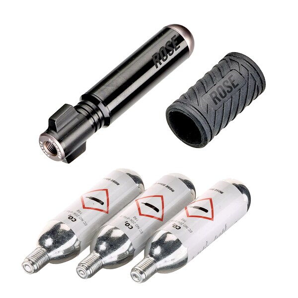 gonfleur CO2 avec kit de rustines de pneu, protection de cartouche et 3 cartouches CO2