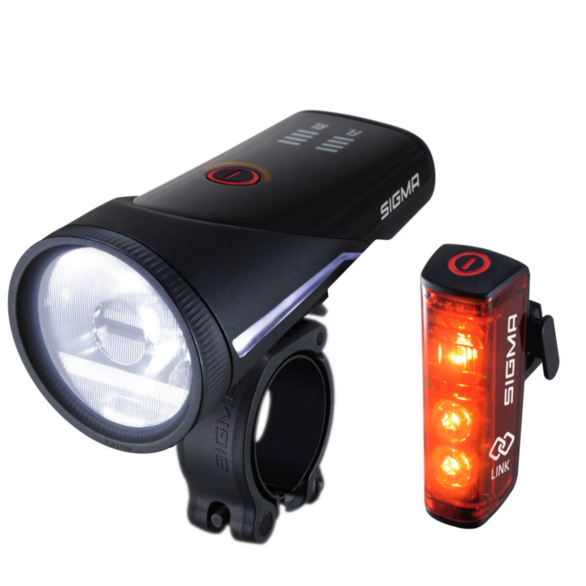 Sigma AURA 100 LINK LED-Frontleuchte / BLAZE LINK Rücklicht USB Akku-Beleuchtungsset mit Schraubhalterung